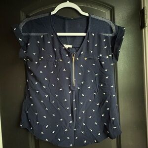Mine Blue and White Cap Sleeve Buttoned Blouse